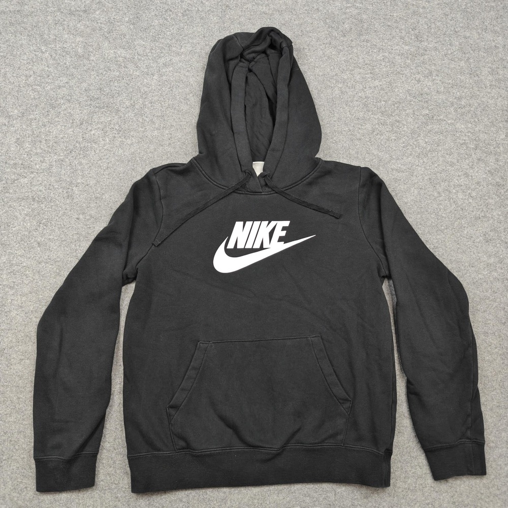 Nike Hoodie Womens XS Black Big Logo Graphic Fleece Pullover Kangaroo Pocket